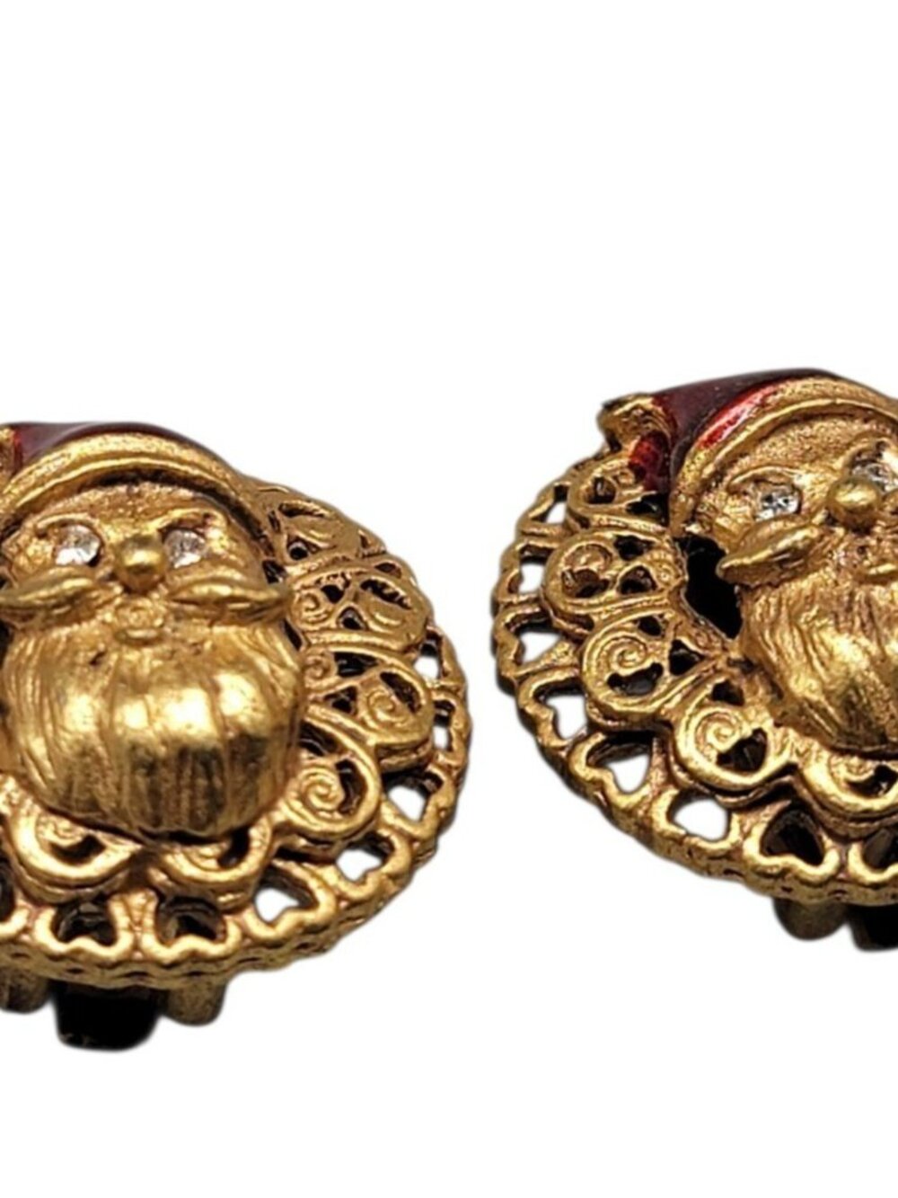 Don Lin Santa Clip On Earrings Vintage Rhinestone Eyes Red Enamel Hat Gold Tone - Picture 4 of 11